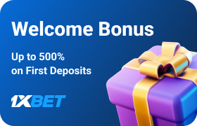 Blue gradient background with purple 3D gift icon on the right, text 'Welcome Bonus Up to 500% on First Deposits