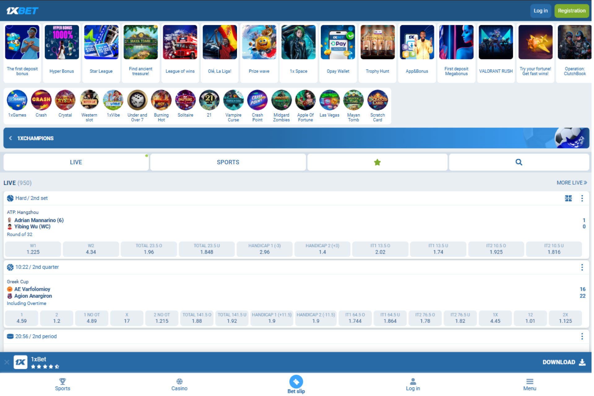 Mobile browser opened on official 1xBet website homepage