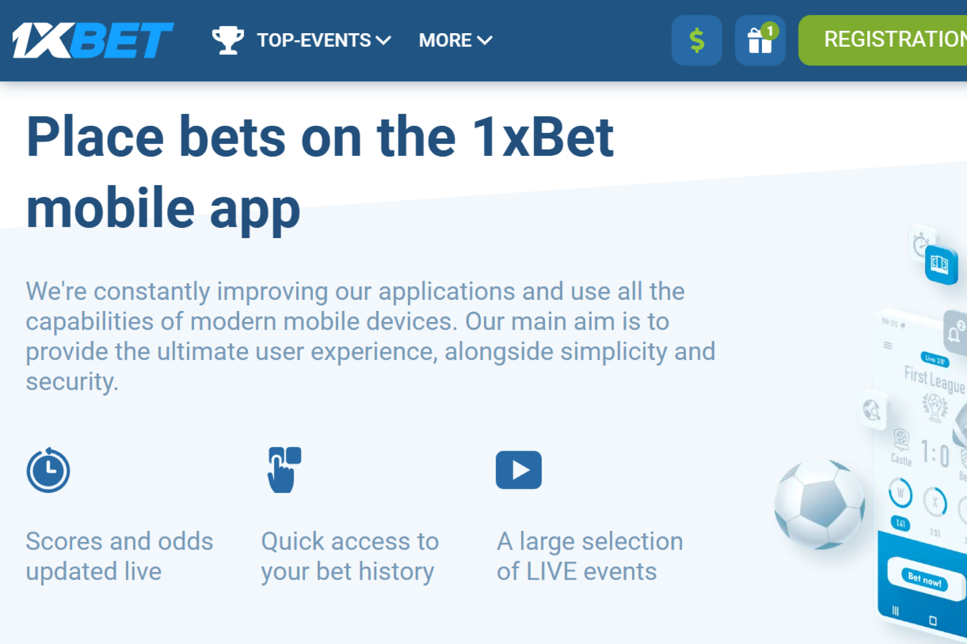 Official 1xBet website homepage showing navigation to mobile apps section