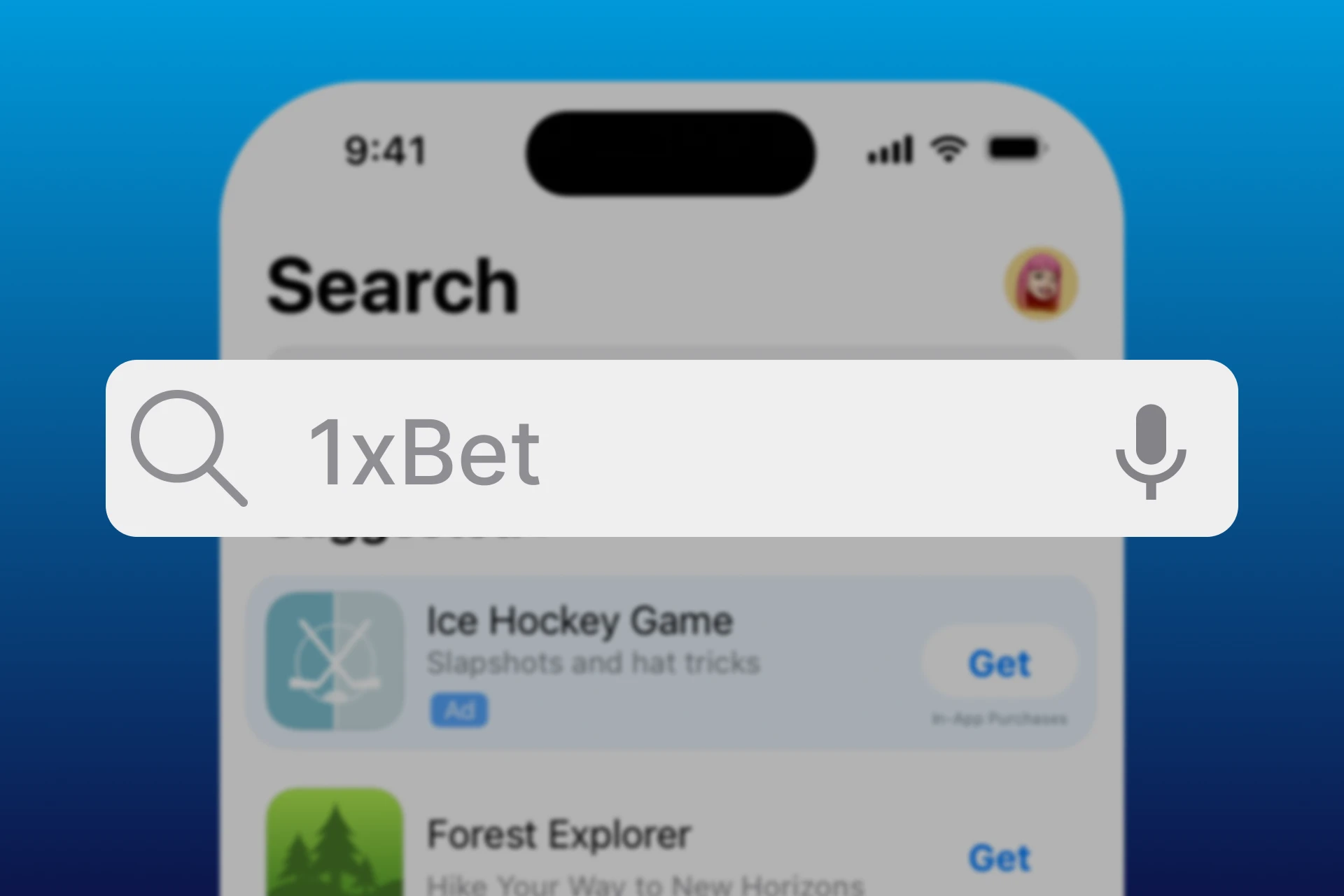 App Store search bar with '1xBet' typed in