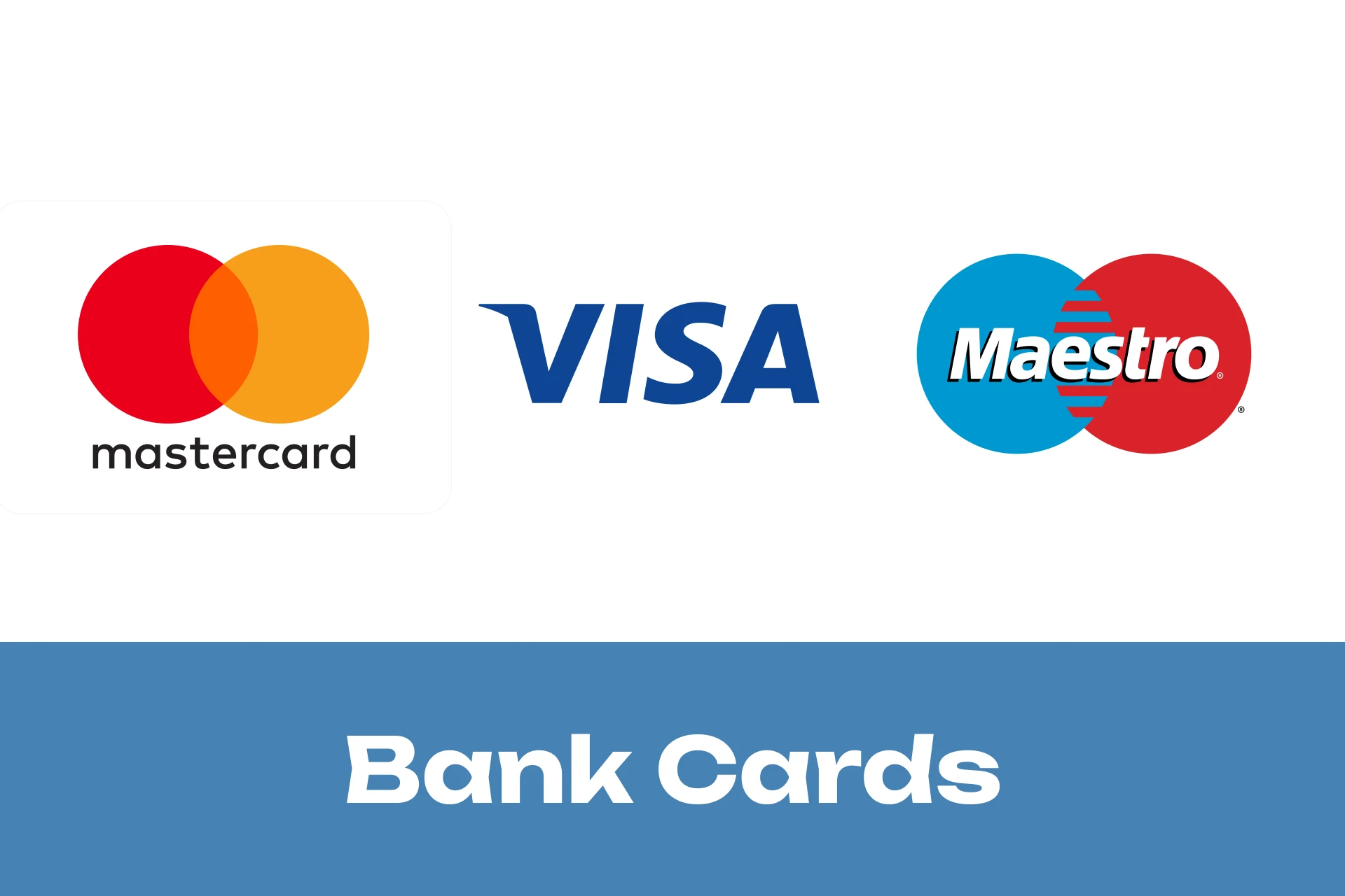 Bank Cards – White background with blue stripe at the bottom showing text 'Bank Cards', icons of Visa, Mastercard, and Maestro displayed above