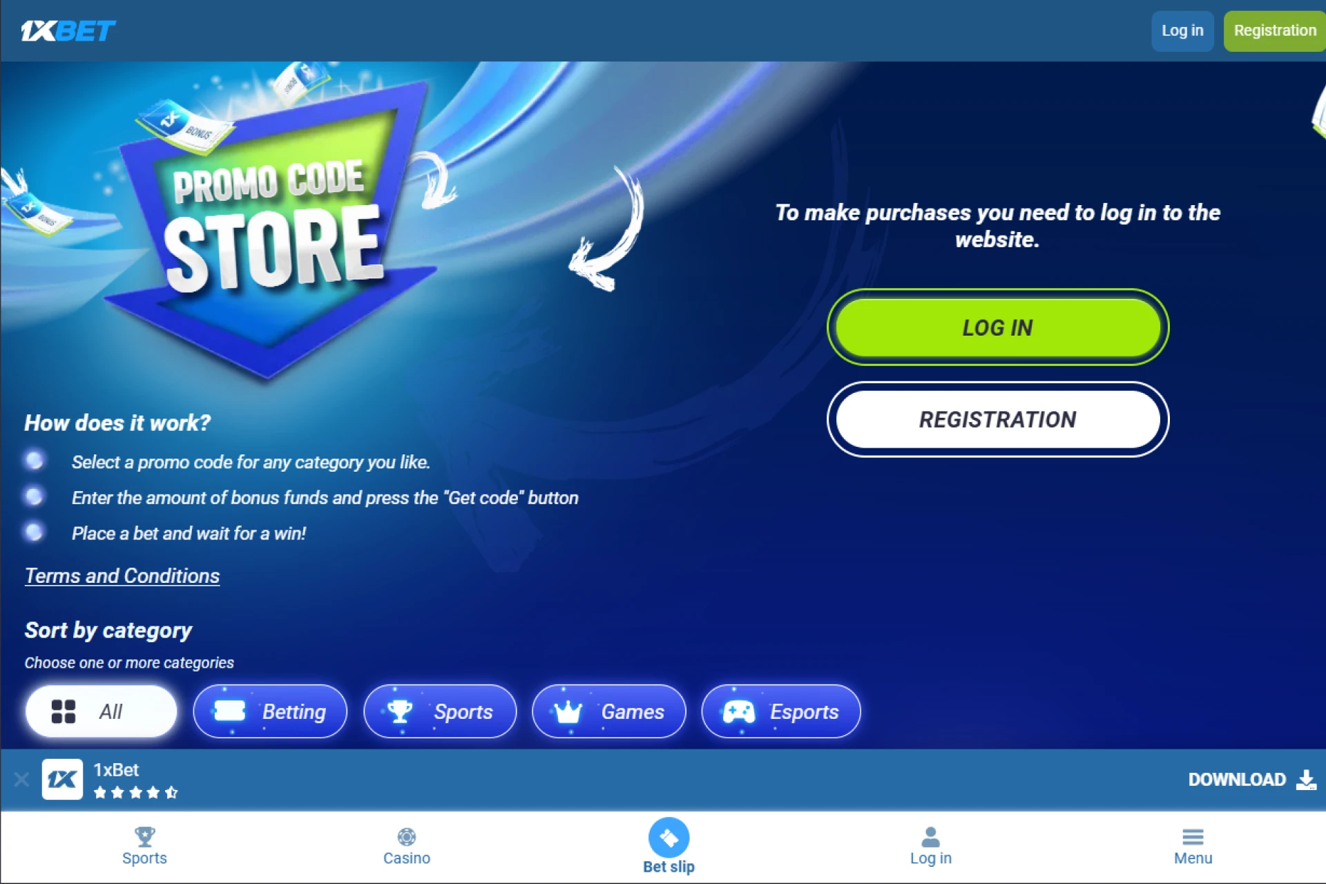 Screenshot of official 1xBet website showing Promo Code Store for converting points into betting bonuses