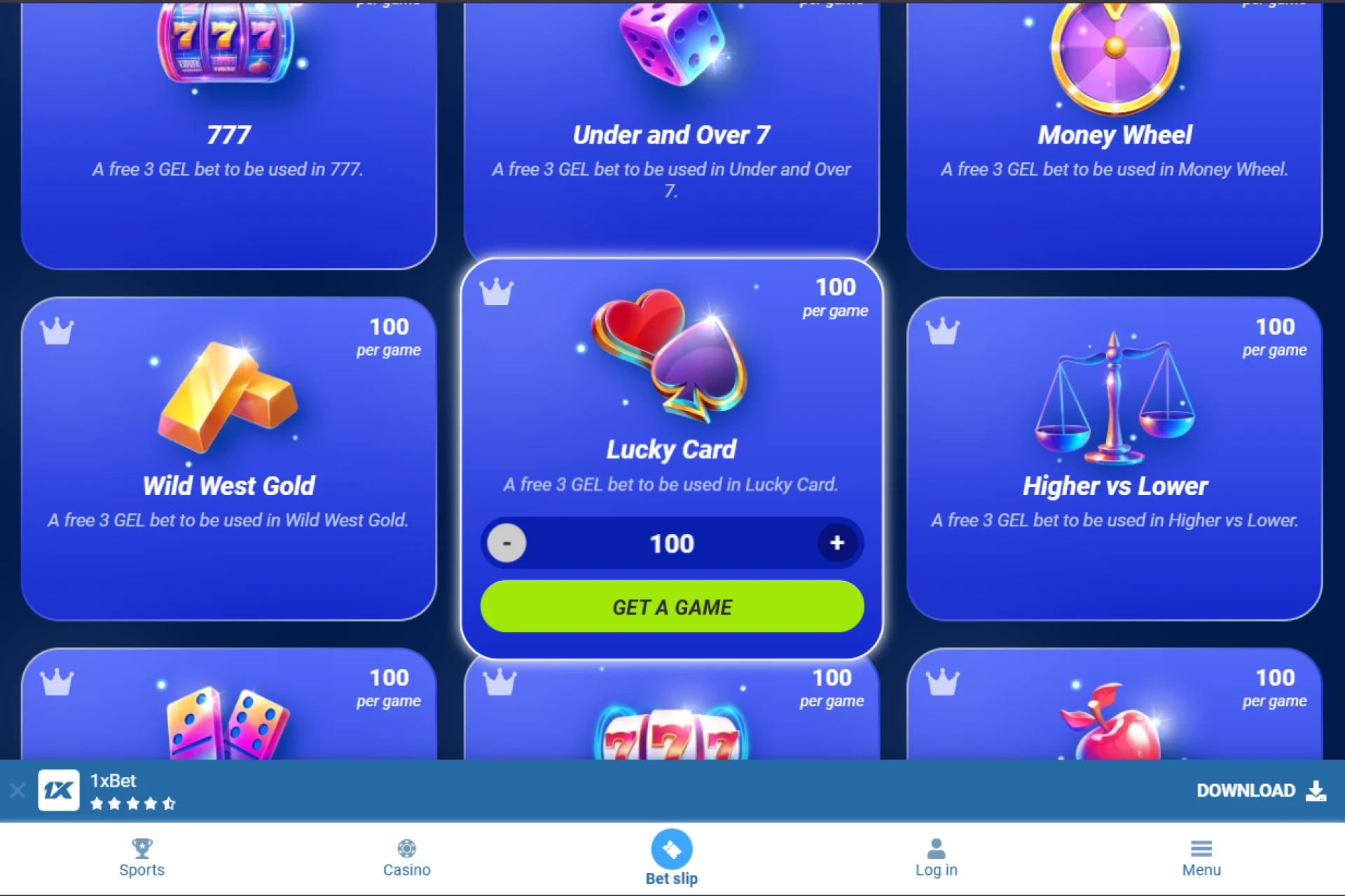 Screenshot of Promo Code Store on 1xBet website showing exchange of accumulated points for promo codes for bonus games and sports betting