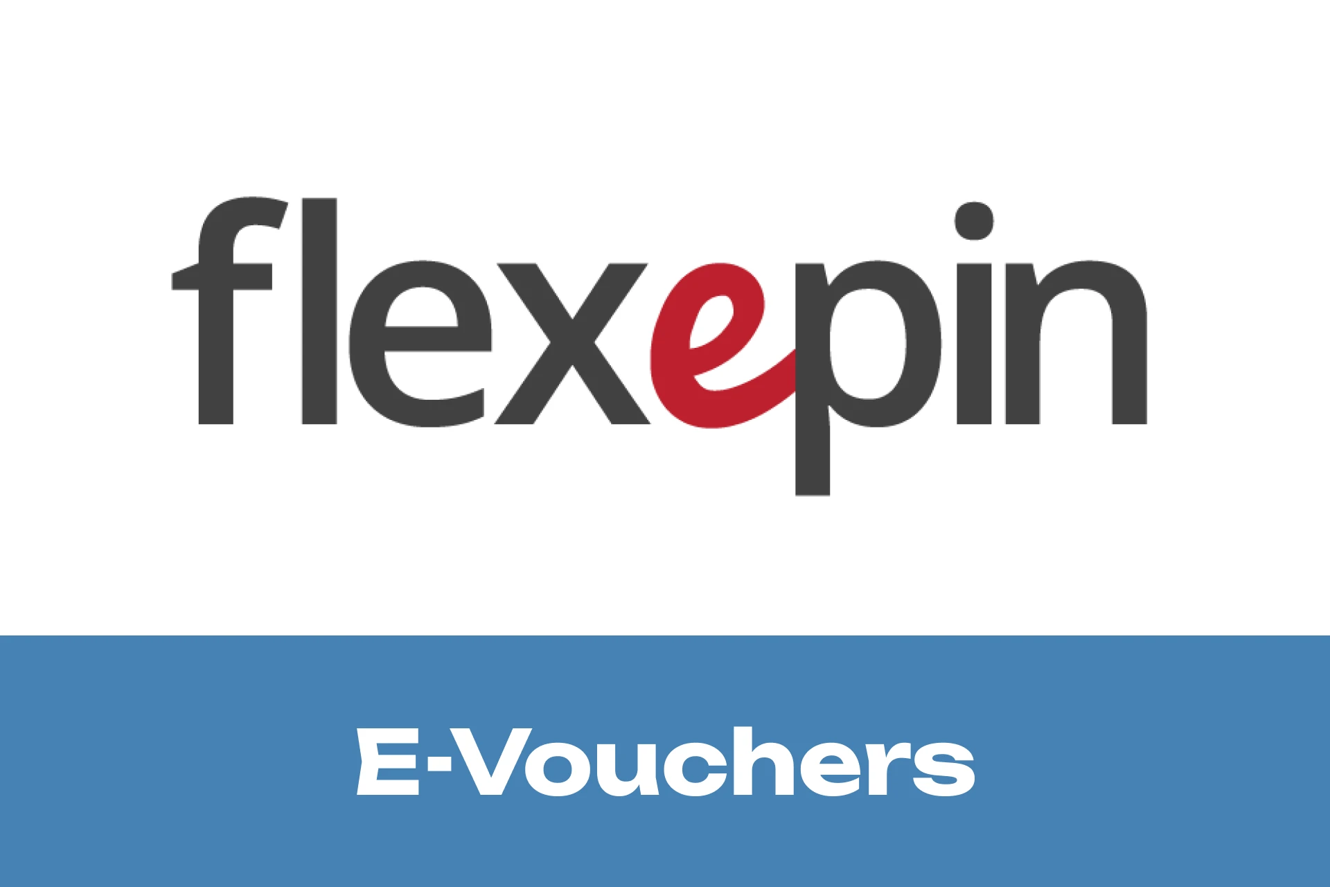 E-vouchers – White background with blue stripe at the bottom showing text 'E-vouchers', Flexepin voucher icon displayed above