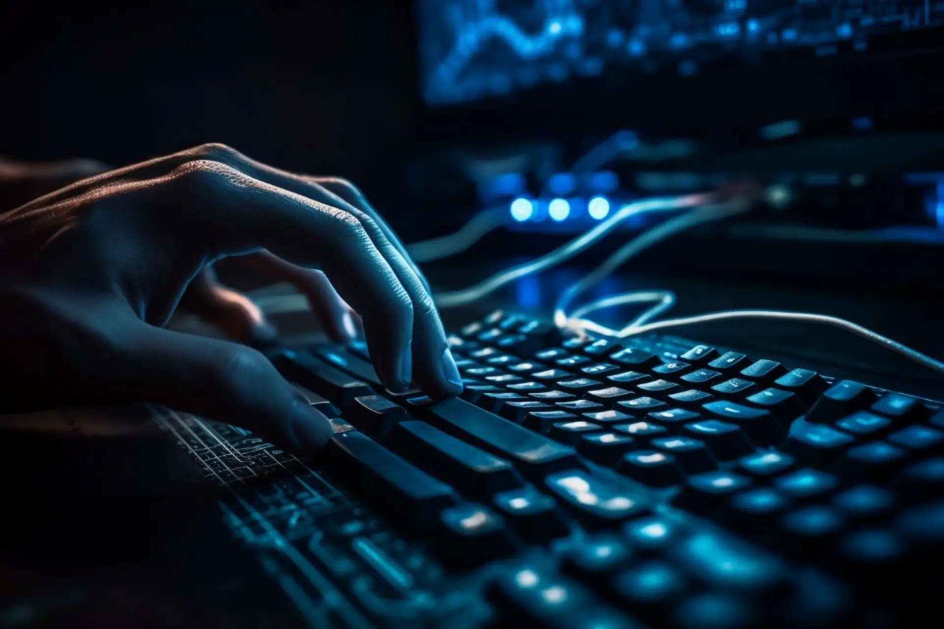 Typing Hands – Hands typing on keyboard on blue background