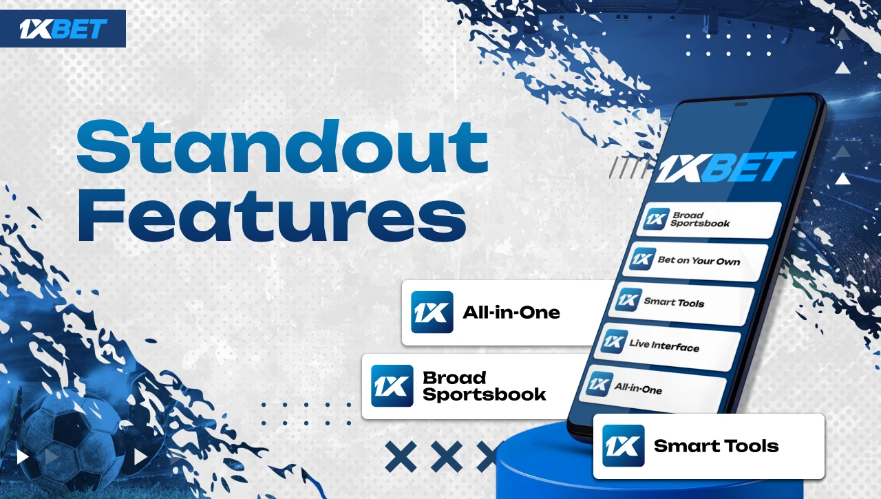 Standout Features – Blue platform with smartphone showing 1xBet features