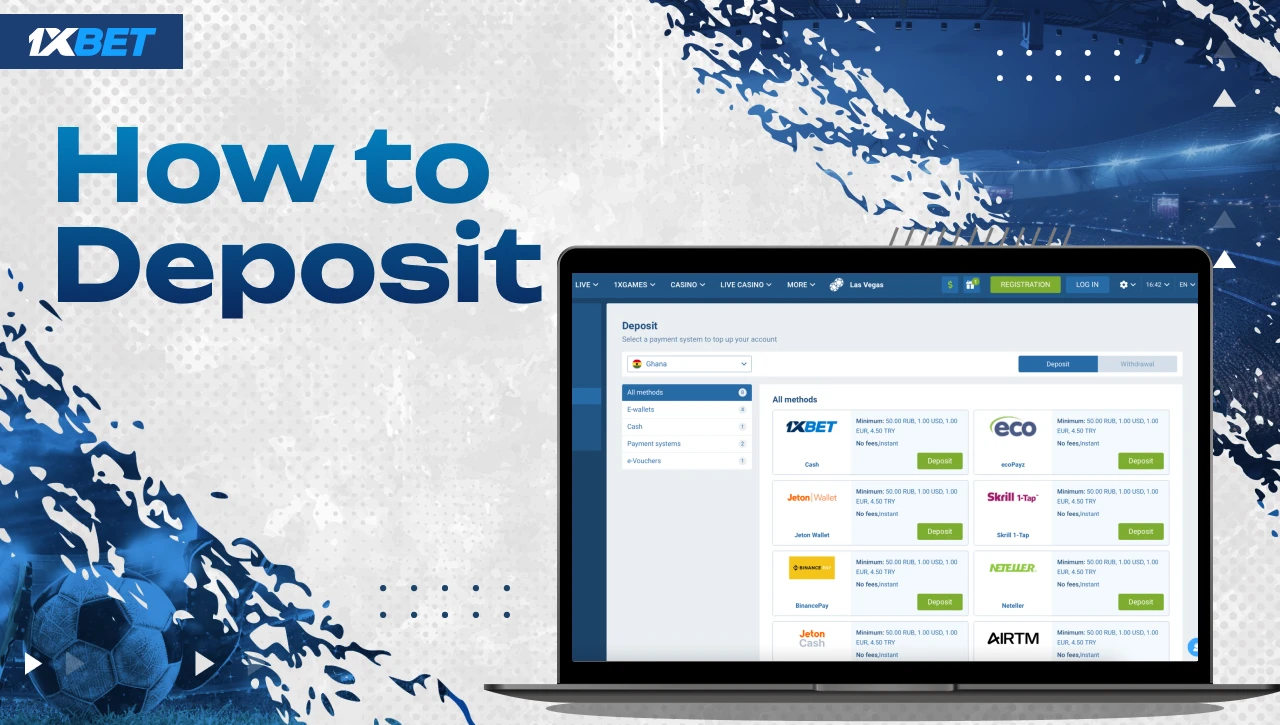 How to Deposit Funds – Blue-white background with gradient text on the left, laptop on the right showing 1xBet payment methods on screen