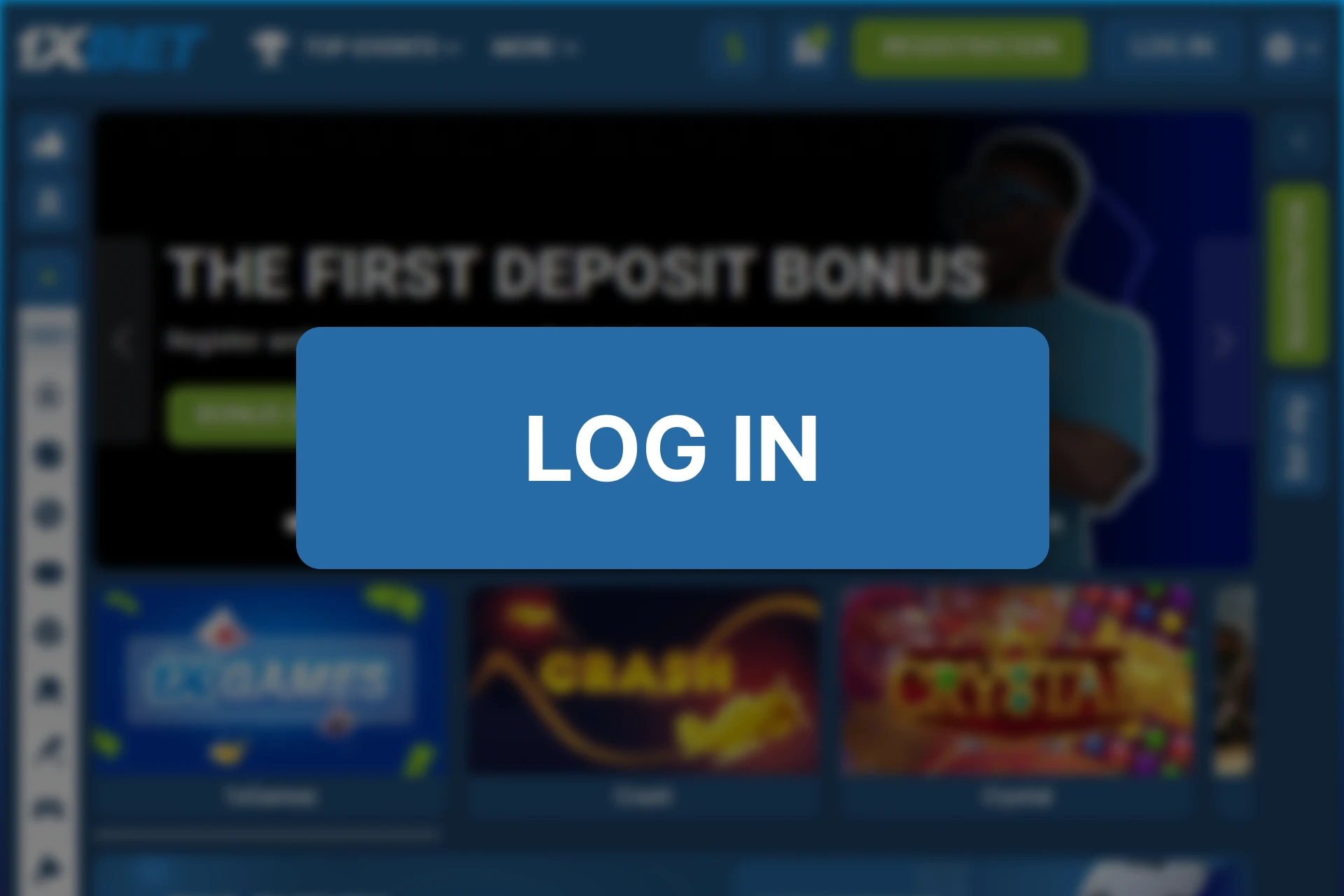 Screenshot of 1xBet Nigeria website showing 'log in' button