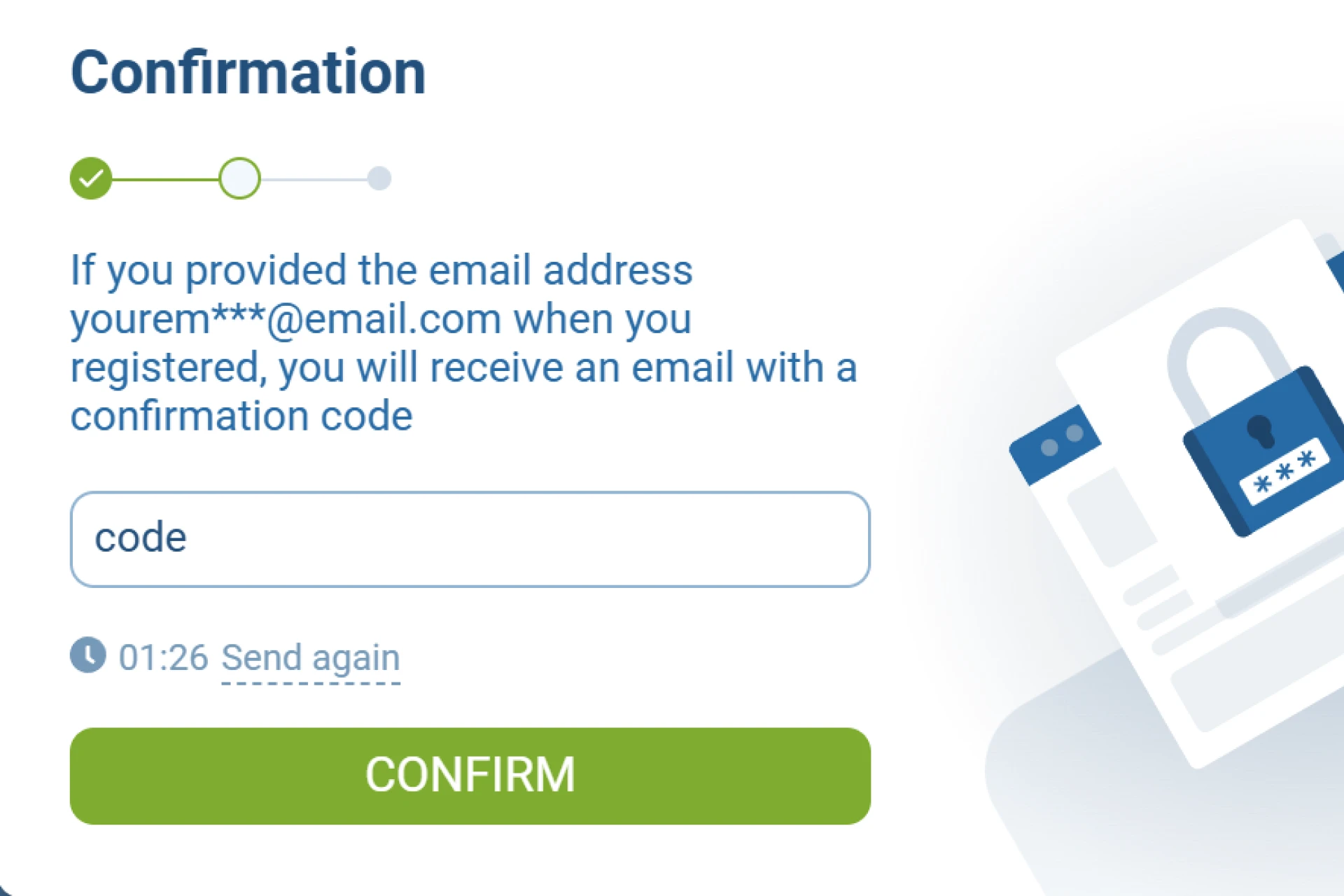 Screenshot showing user entering reset code and setting a new password on 1xBet Nigeria