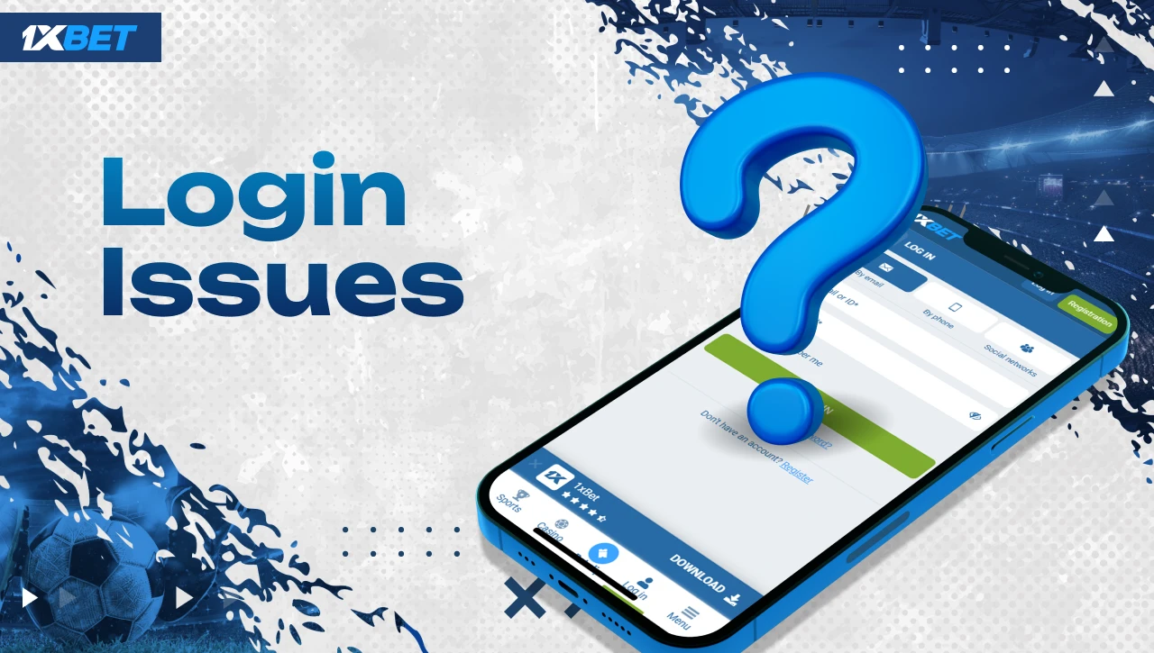 Login Issues – Blue-white background with gradient text on the left, smartphone with 1xBet login window lying on the right, blue 3D question mark icon above the phone