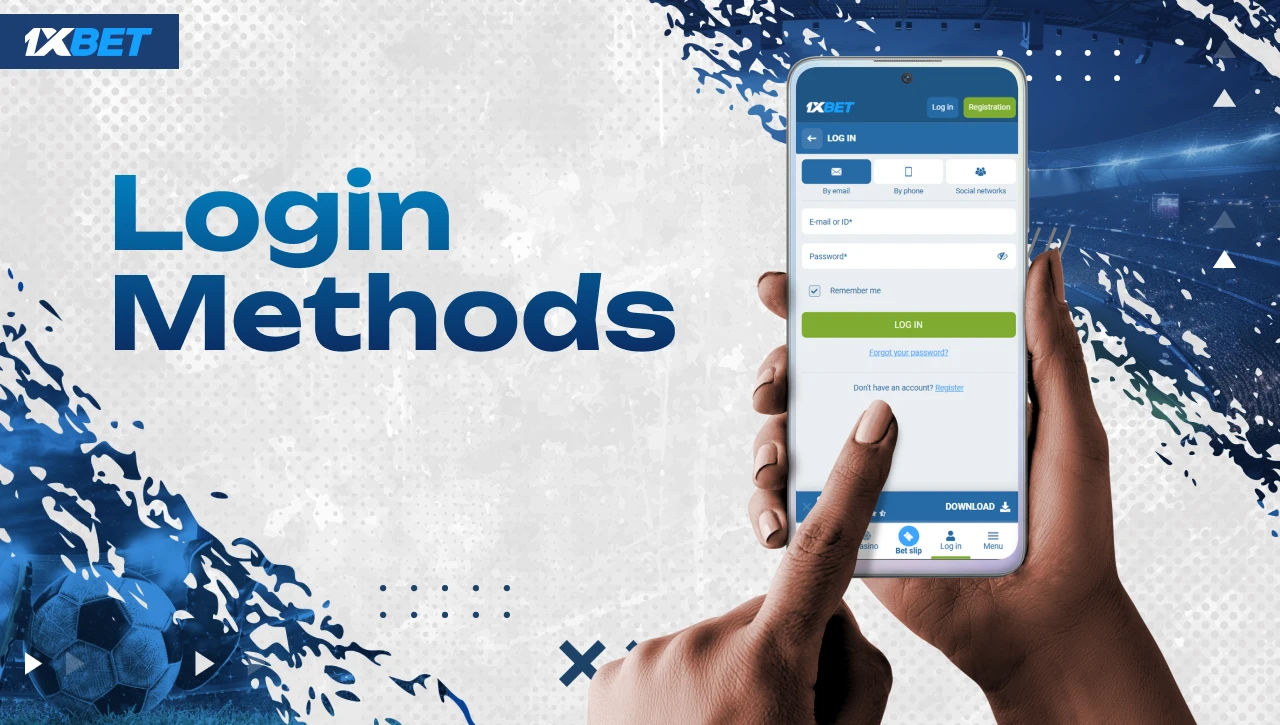 Login Methods – Blue-white background with gradient text on the left, hands holding smartphone on the right with 1xBet login window on screen