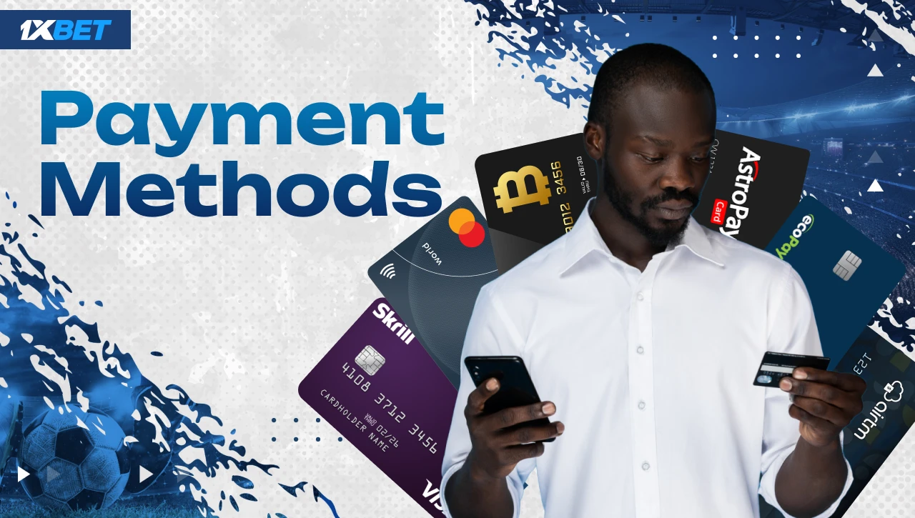 Payment Methods – Blue-white background with gradient text on the left, Black man in white shirt holding smartphone and payment card on the right, six payment icons behind him including Mastercard, Maestro, Visa, Skrill, and crypto