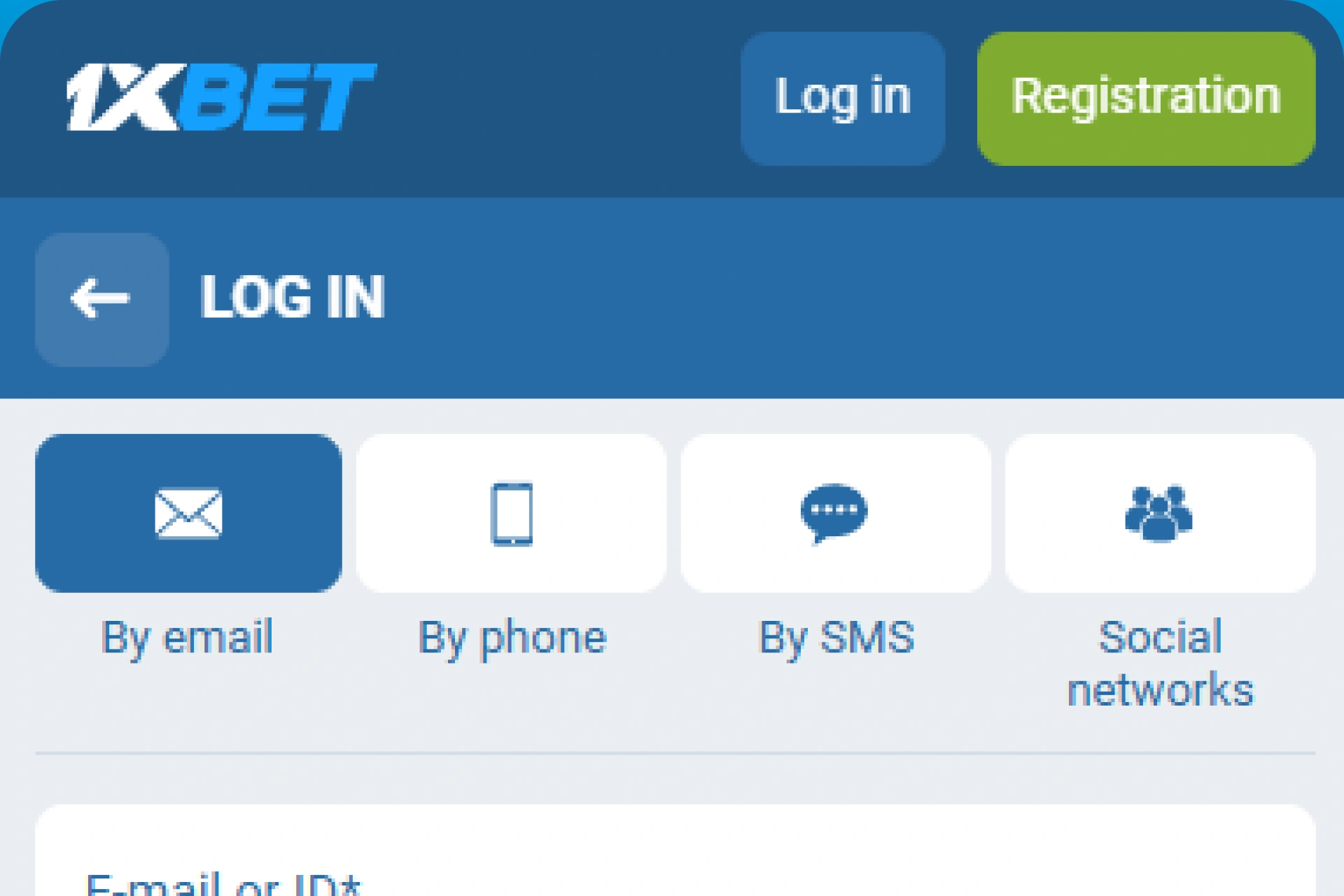Screenshot of official 1xBet website showing login page