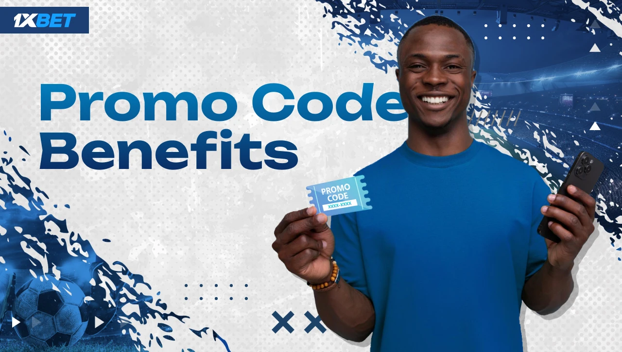 Promo Code Benefits – Blue-white background with gradient text on the left, happy Black man in blue shirt holding promo code and smartphone on the right