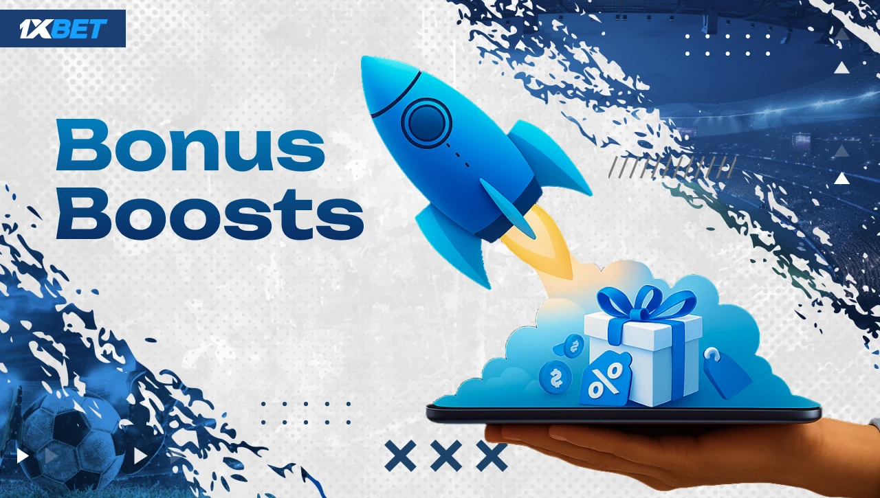 Bonus Boosts – Blue-white background with gradient text on the left, hand holding smartphone on the right, rocket launching with gift box in blue colors