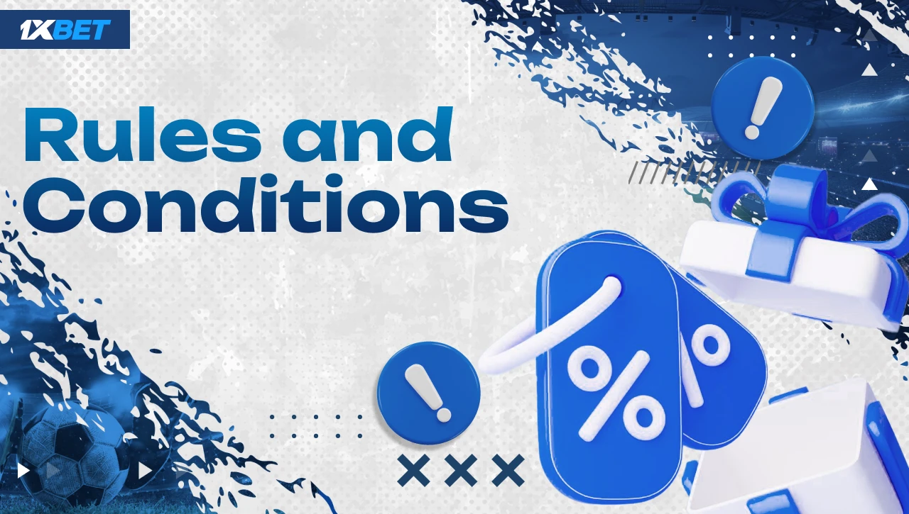 Rules and Conditions – Blue-white background with gradient text on the left, 3D gift box and promo codes icon with blue-white cloud icons and exclamation marks on the right