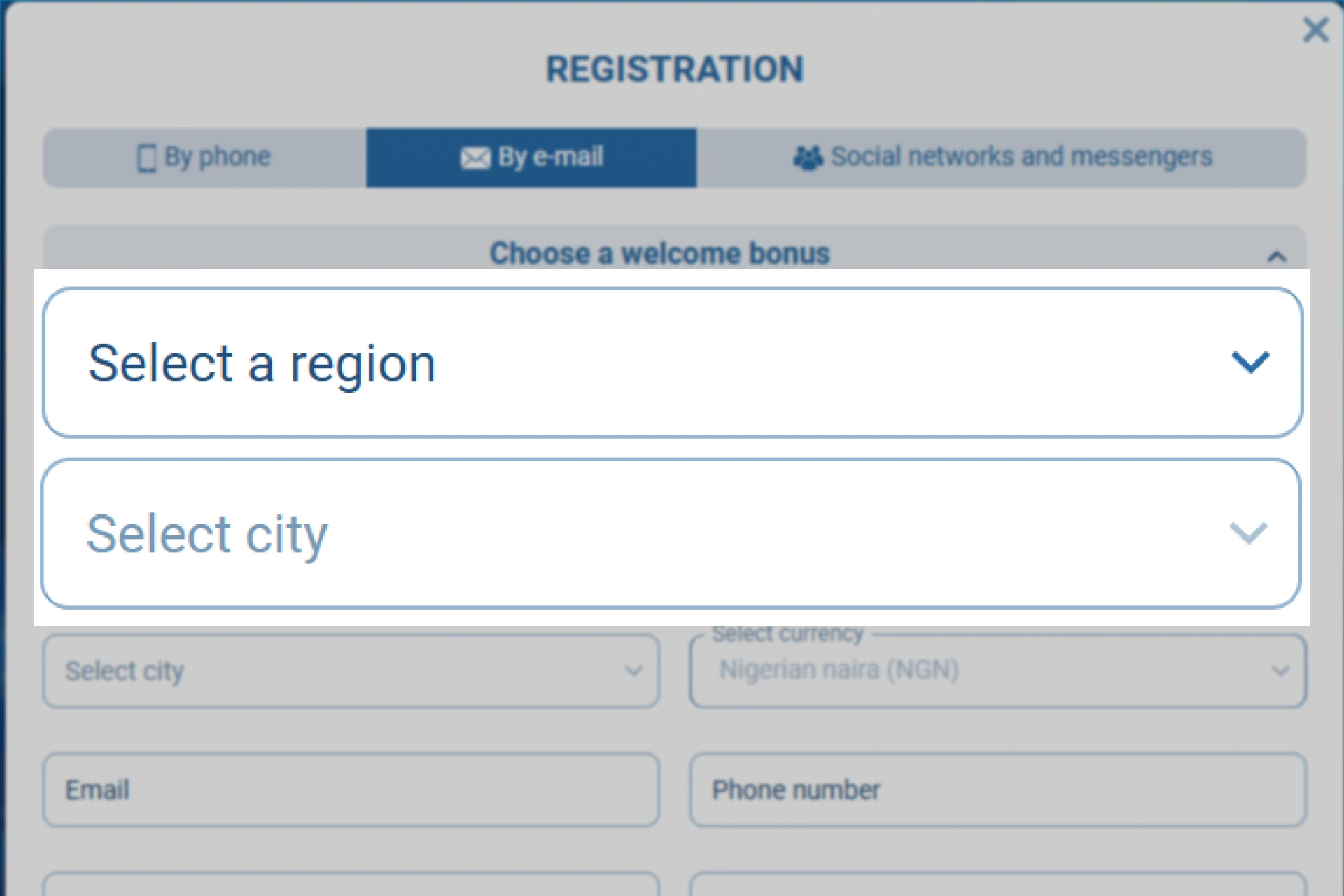 Screenshot of 1xBet registration form showing full residential address input including state or region