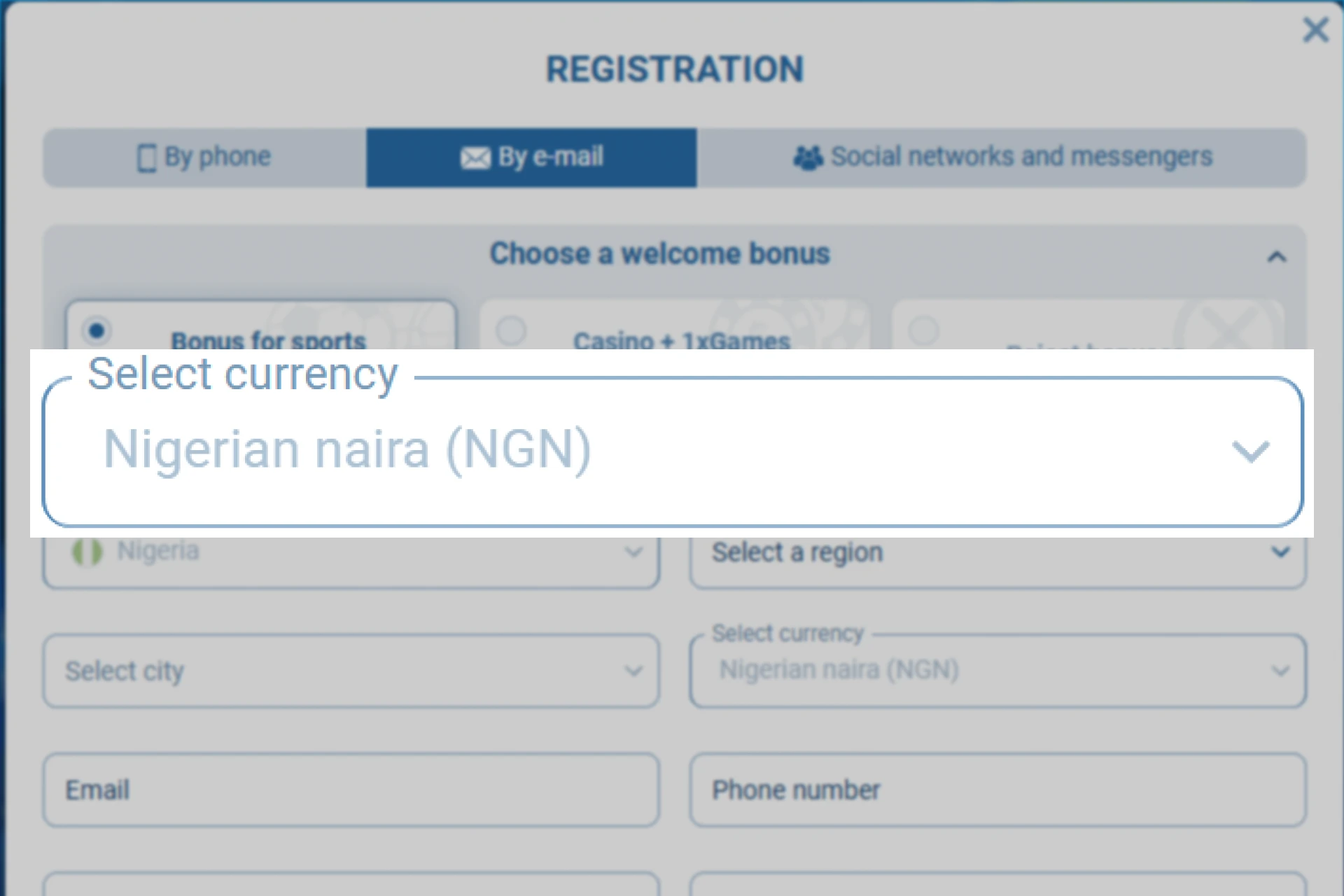 Screenshot of 1xBet registration page showing currency selection, Nigerian Naira (NGN) chosen