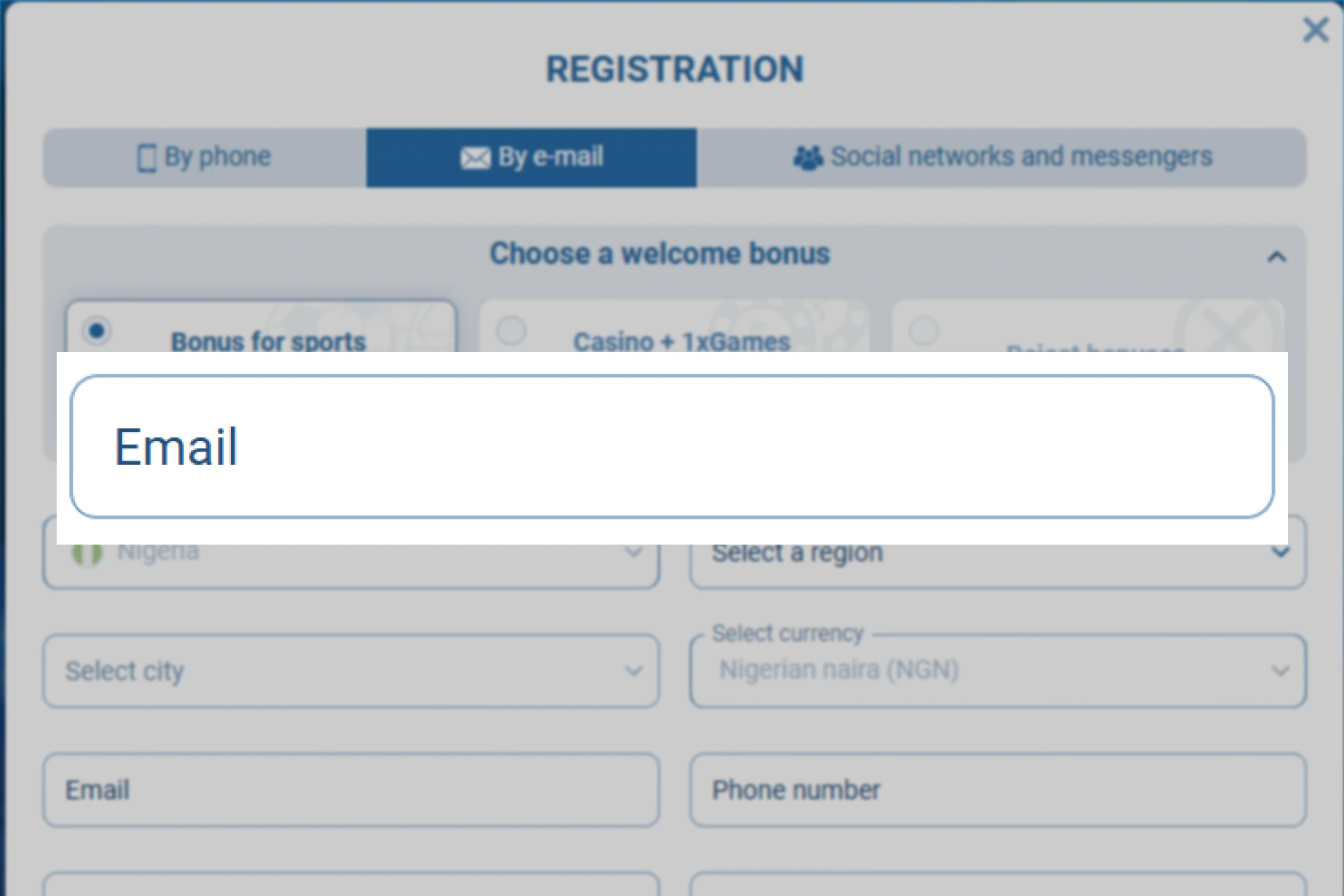 Screenshot of 1xBet registration form showing email address input for account verification