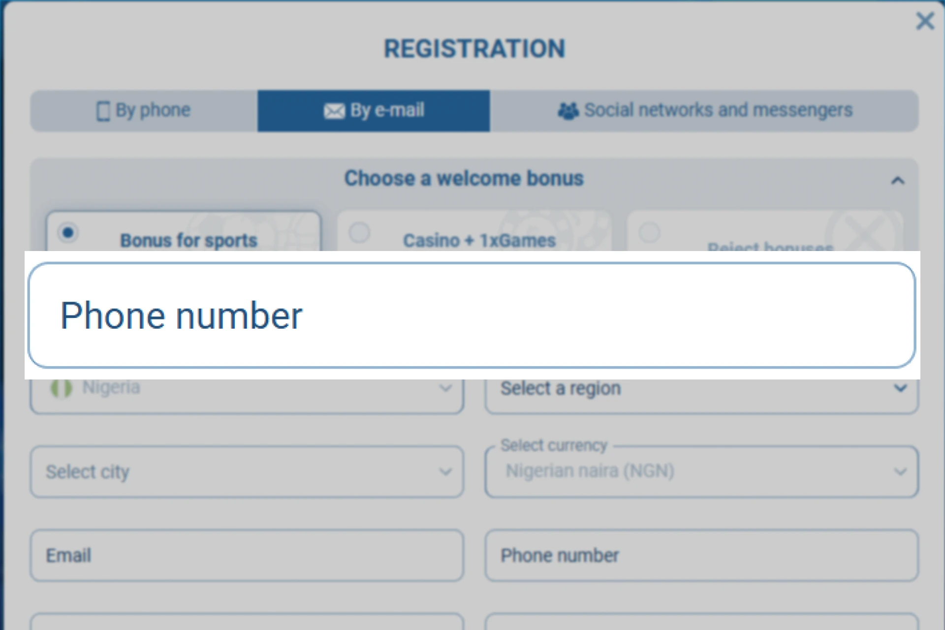 Screenshot of 1xBet registration form showing mobile phone number input for security and 2FA