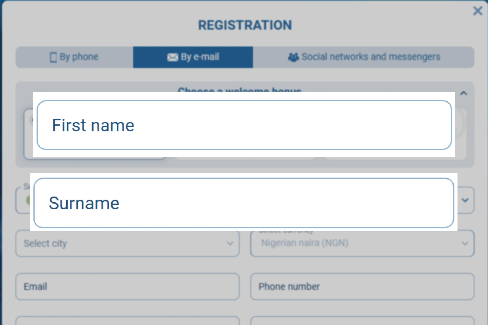 Screenshot of 1xBet registration form showing full name input including first, last, and middle name