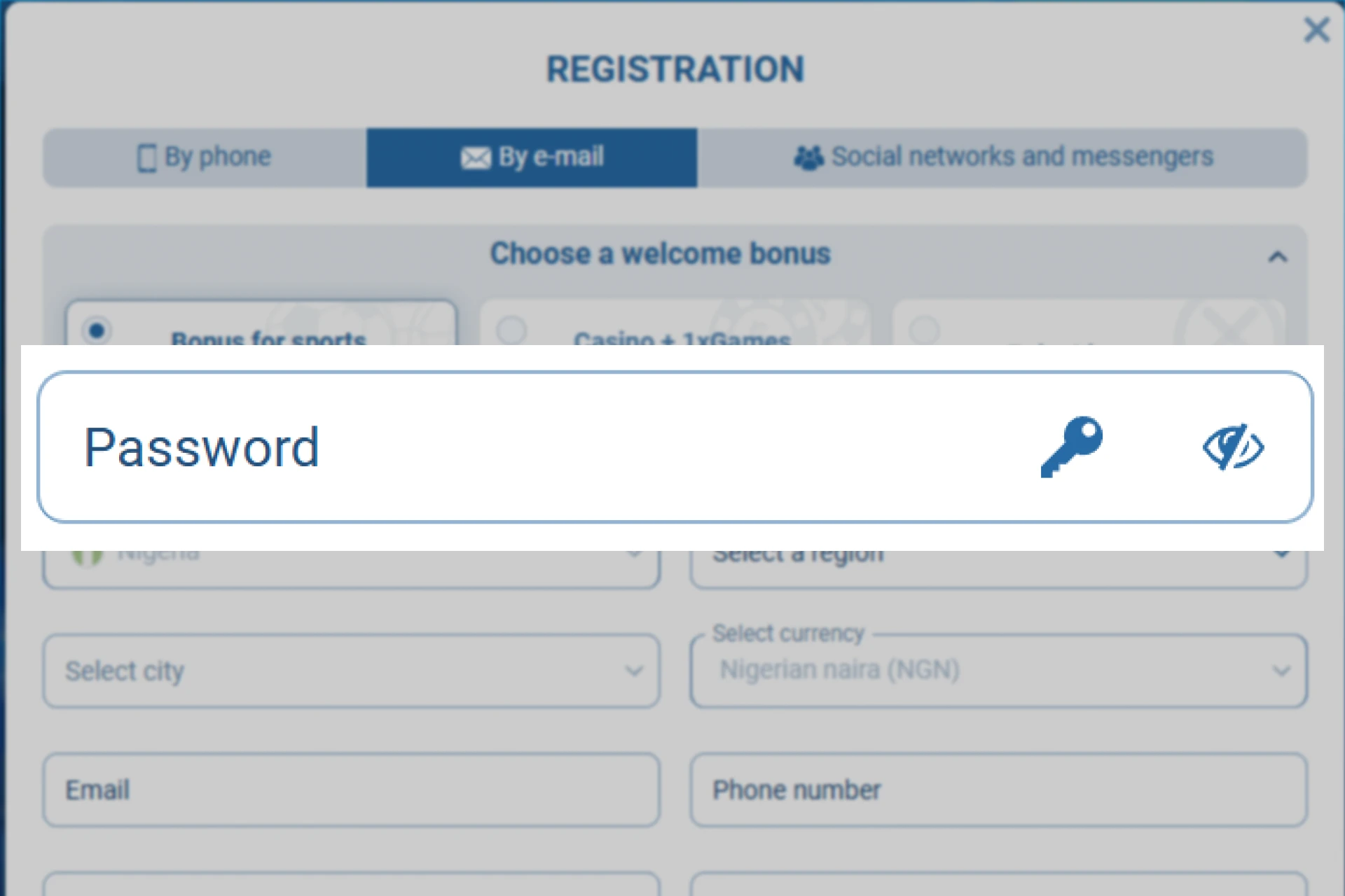 Screenshot of 1xBet registration form showing secure password creation for account protection