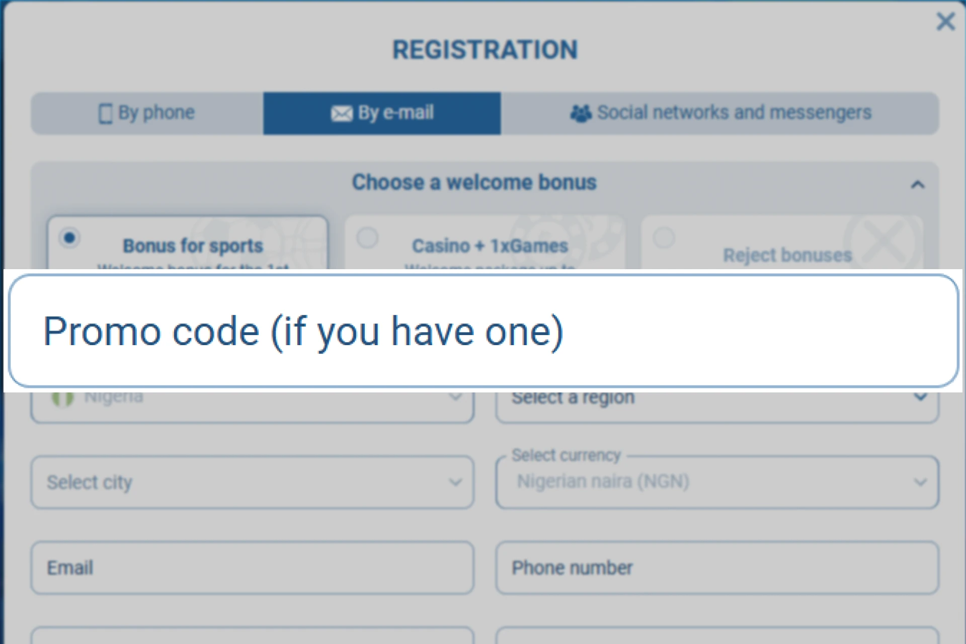 Screenshot of 1xBet registration form showing promo code input field for unlocking welcome offers