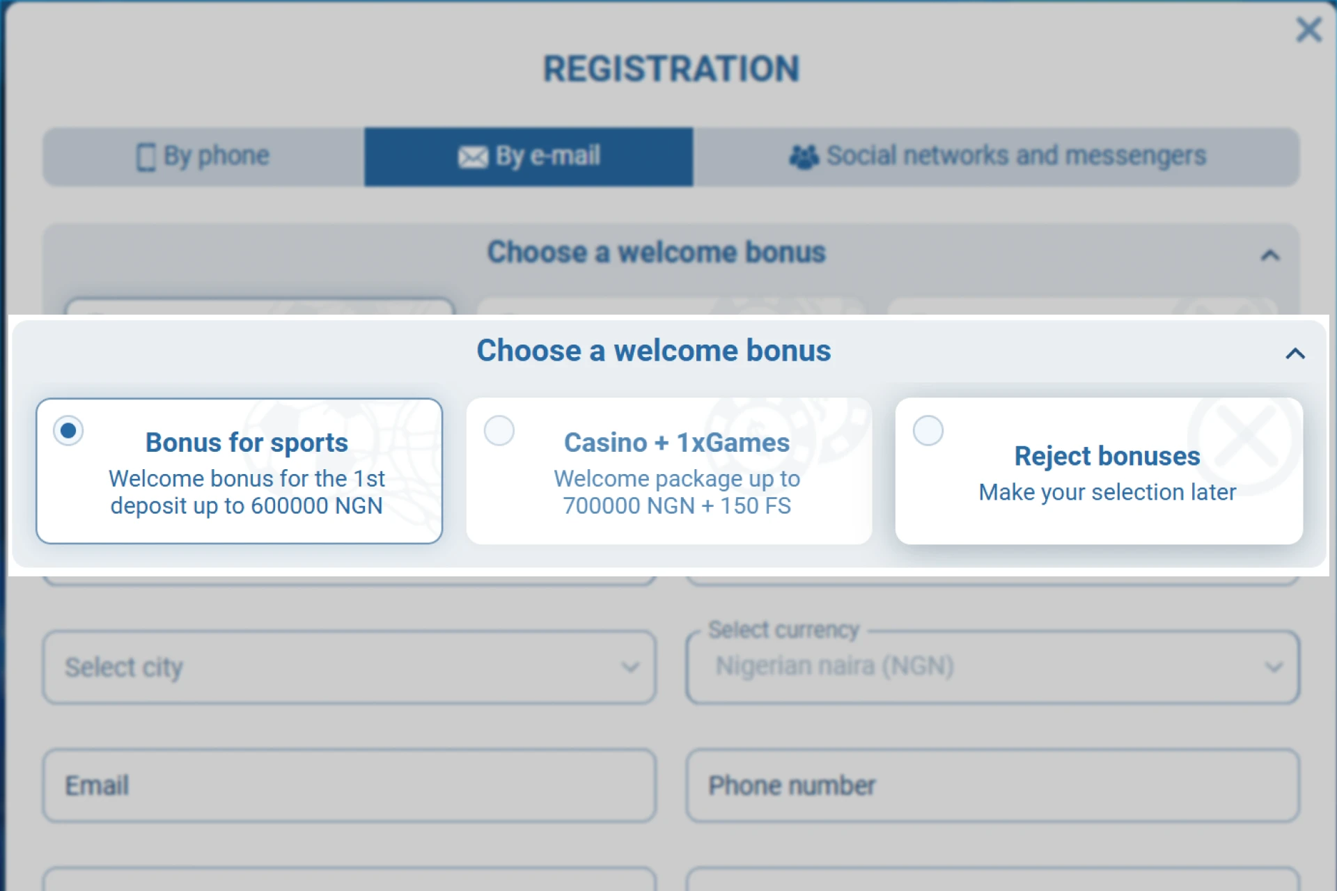Screenshot of 1xBet registration page showing selection of welcome bonus type for sports betting or casino games
