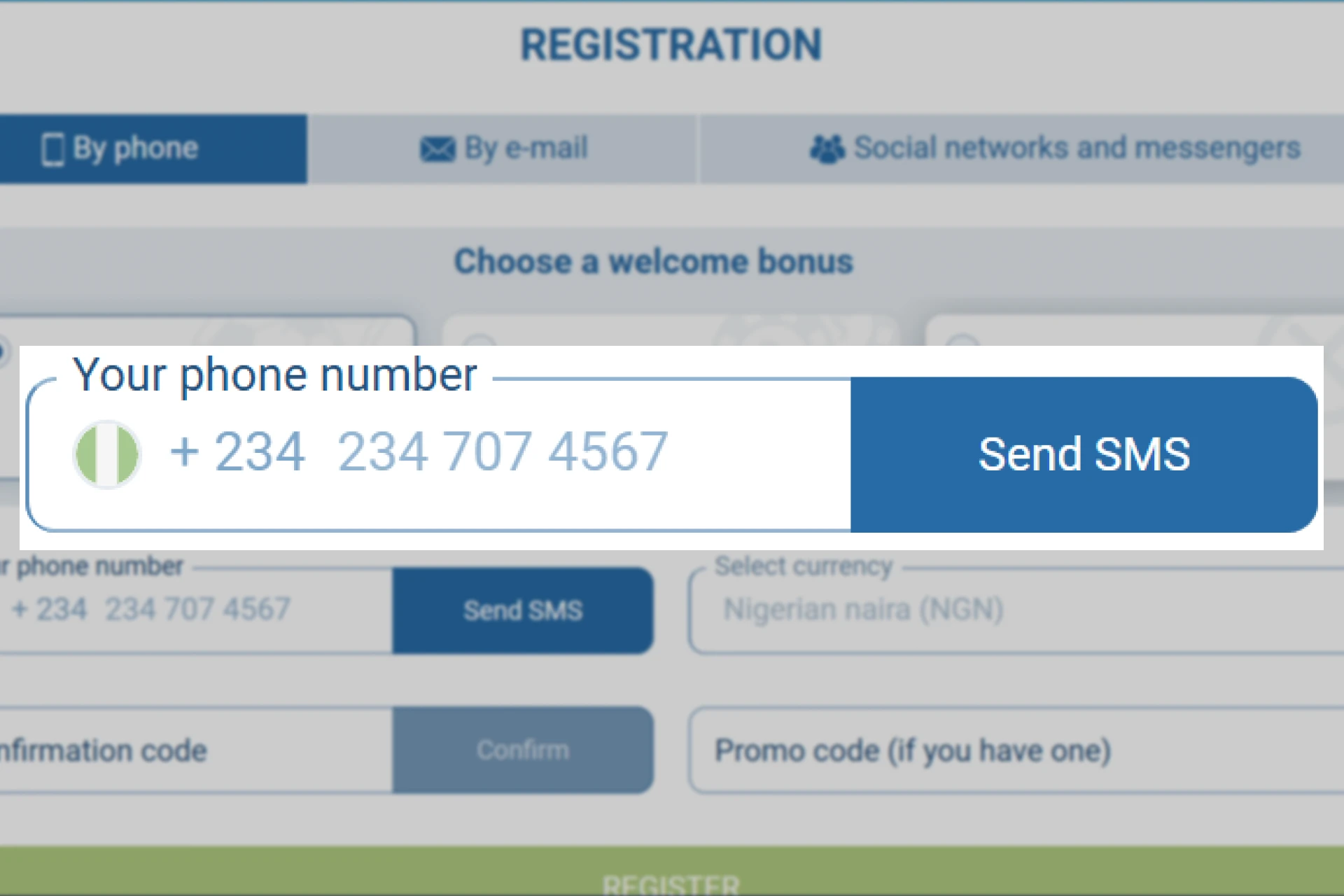 Screenshot of 1xBet Nigeria registration page showing phone number input with Nigeria (+234) selected as country code