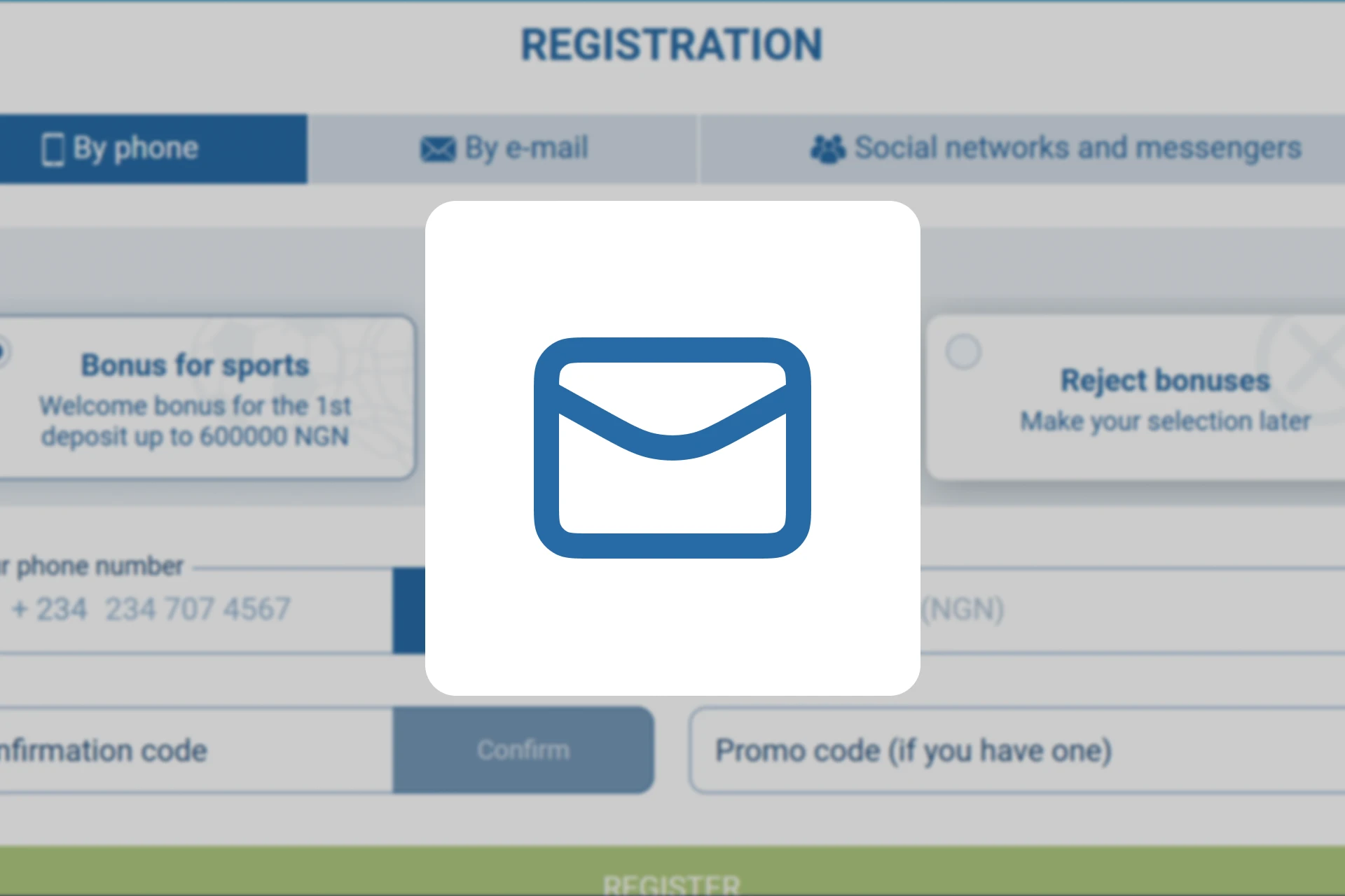 Screenshot showing SMS received with verification code for 1xBet Nigeria registration
