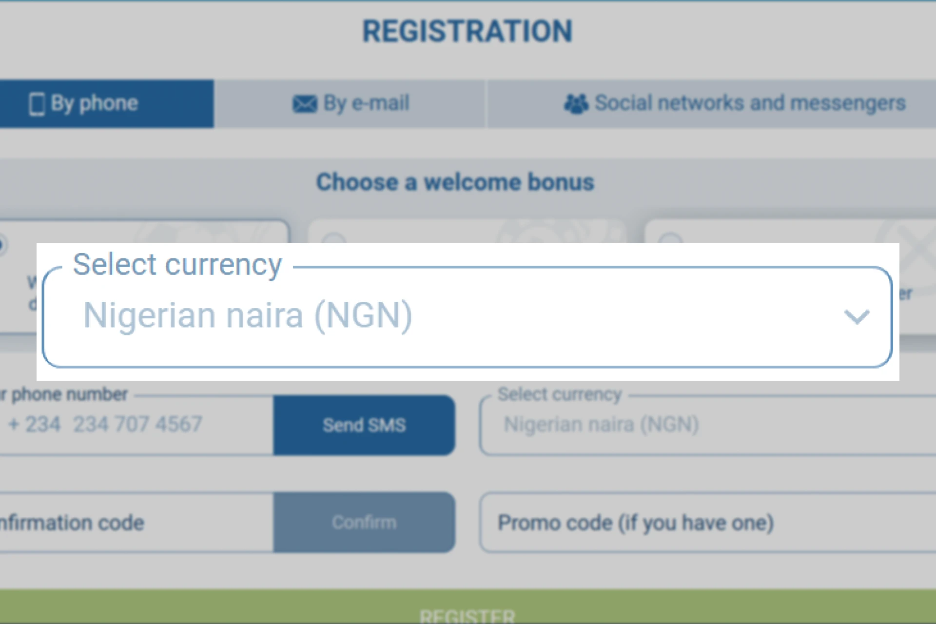 Screenshot of 1xBet registration page showing currency selection, Nigerian Naira (NGN) chosen