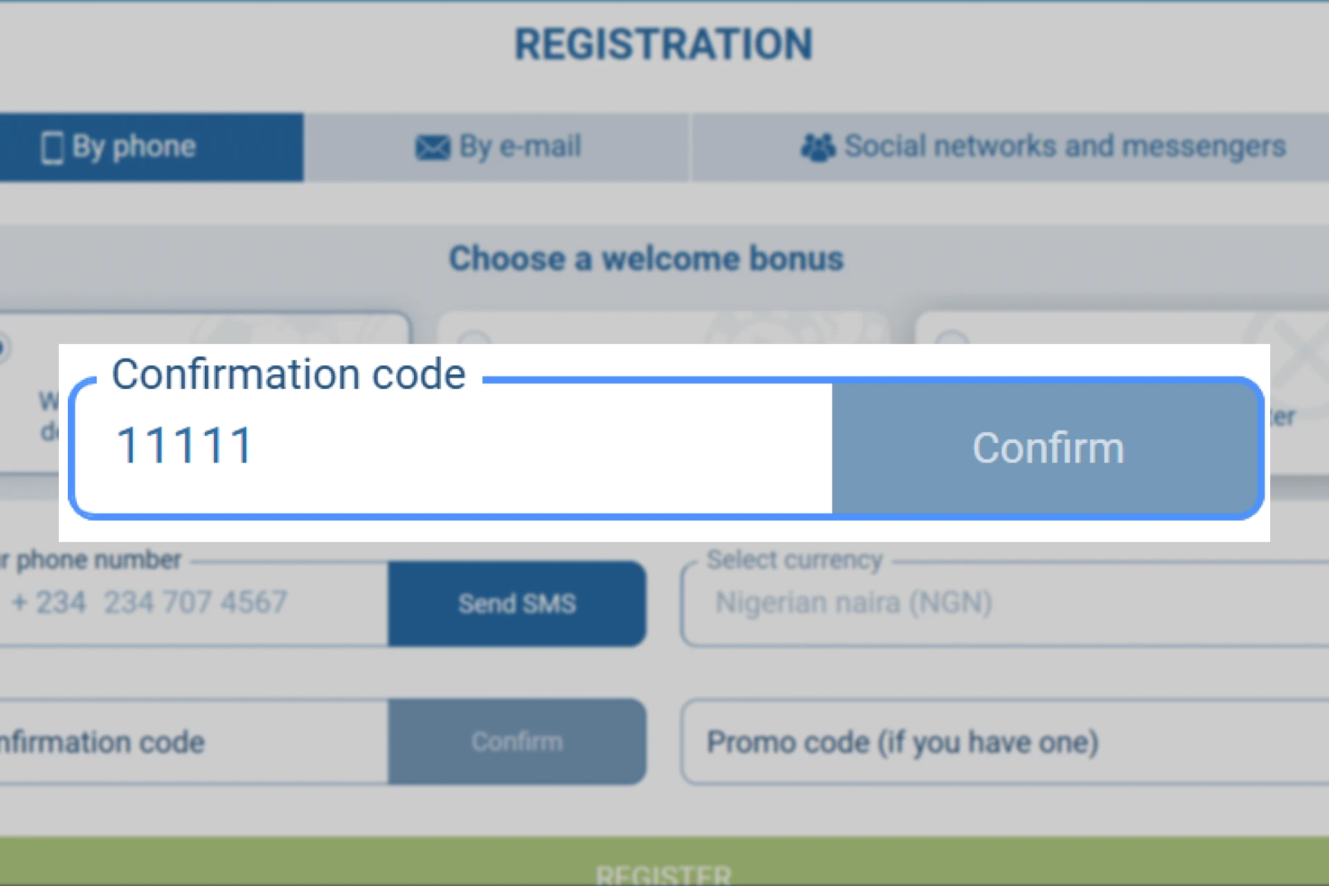 Screenshot showing user entering verification code received via SMS on 1xBet Nigeria registration form