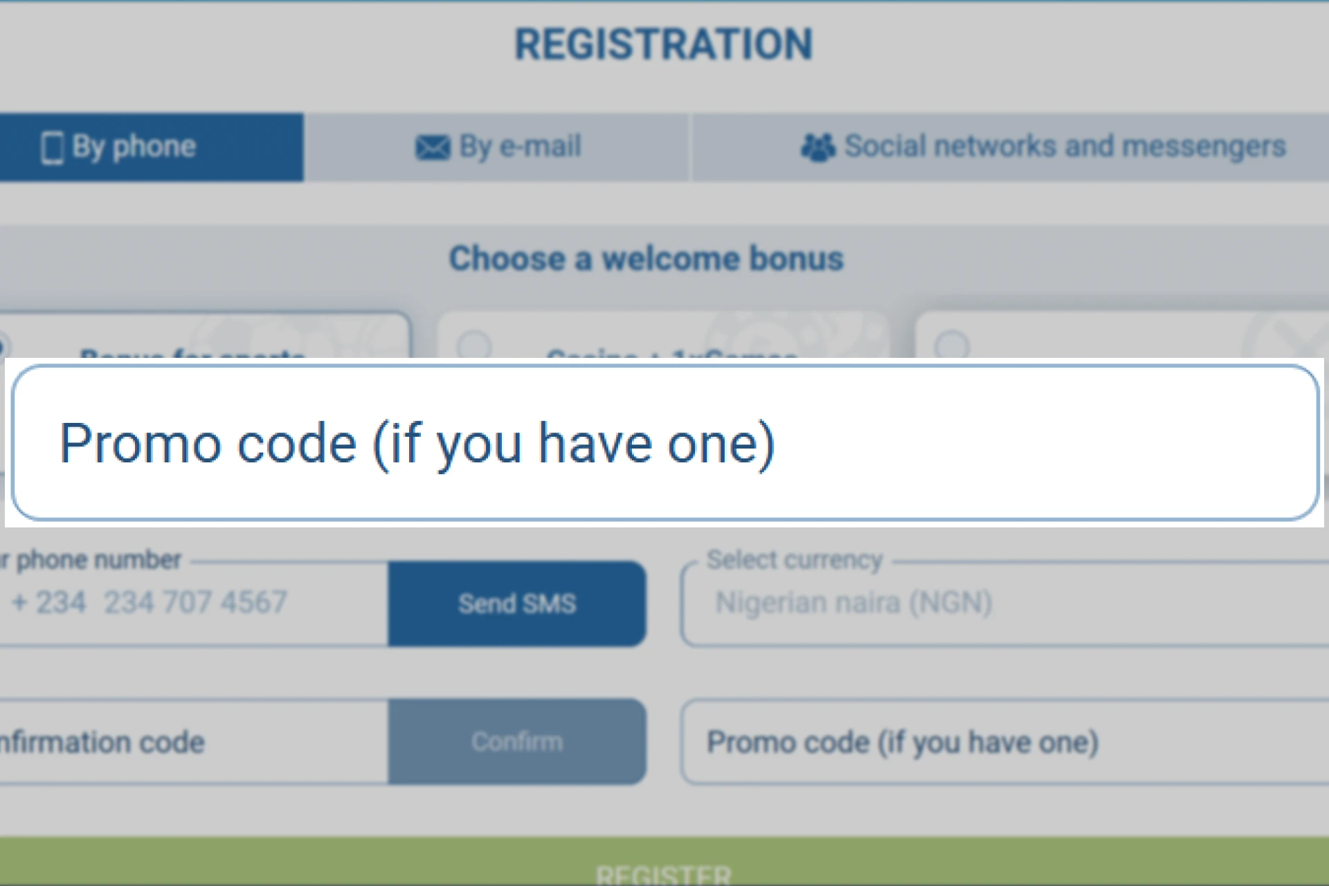 Screenshot of 1xBet registration form showing promo code input for activating bonuses