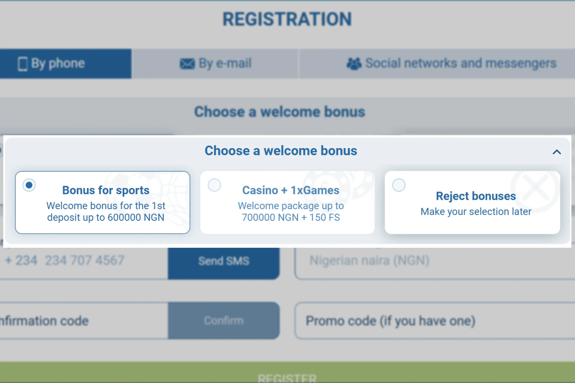 Screenshot of 1xBet registration page showing selection of welcome bonus for sports betting or casino games