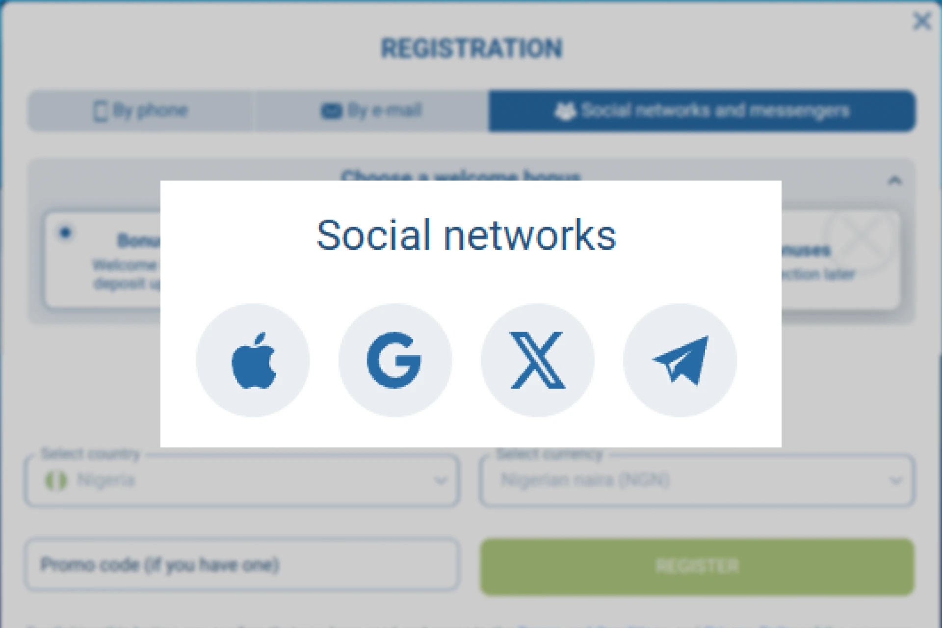 Screenshot showing user clicking on social platform icon, for example Telegram, to register on 1xBet