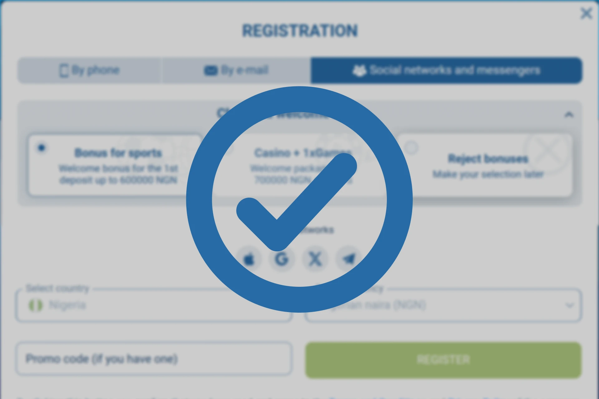 Screenshot showing confirmation and completion of linking 1xBet account to chosen social platform
