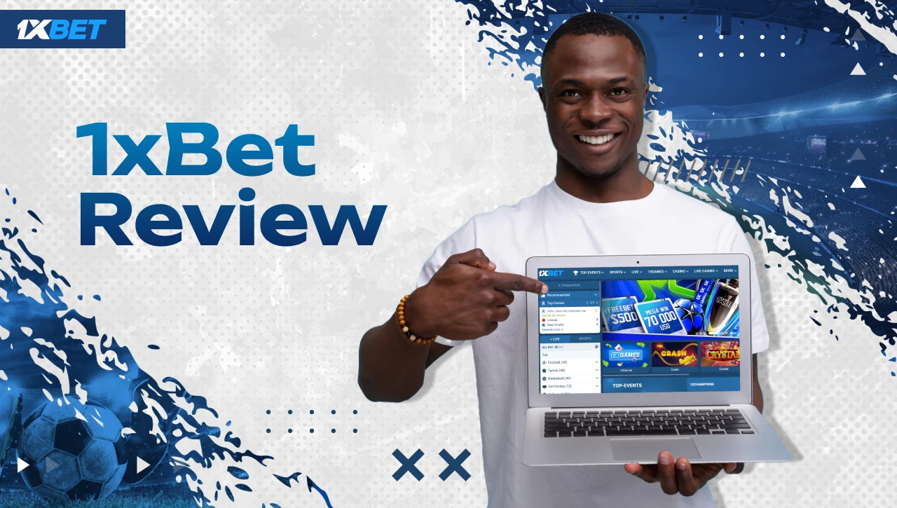 1xBet Review – Black man holding laptop with 1xBet app on screen, white-blue background