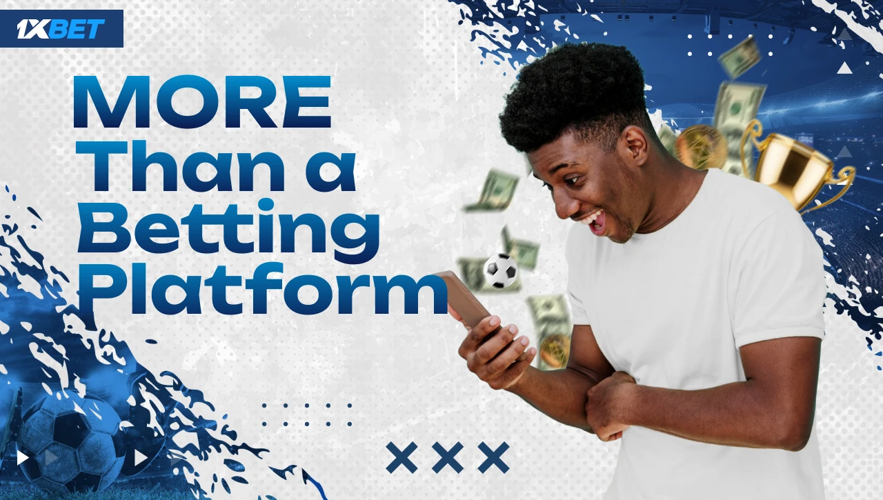 More Than a Betting Platform – Black man holding phone, money, crypto coins and trophy in background