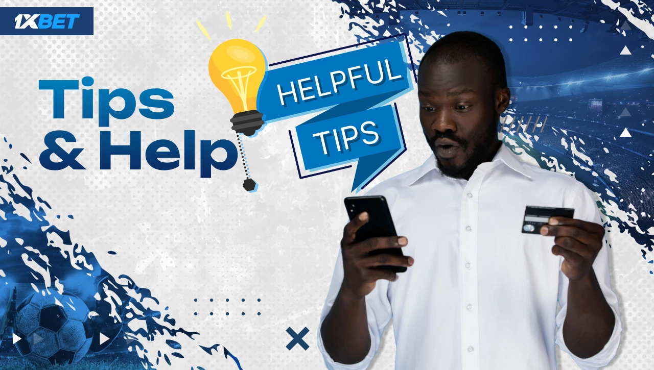 Tips and Help – Blue-white background with gradient text on the left, Black man in white shirt holding smartphone and payment card on the right, Helpful Tips sign above