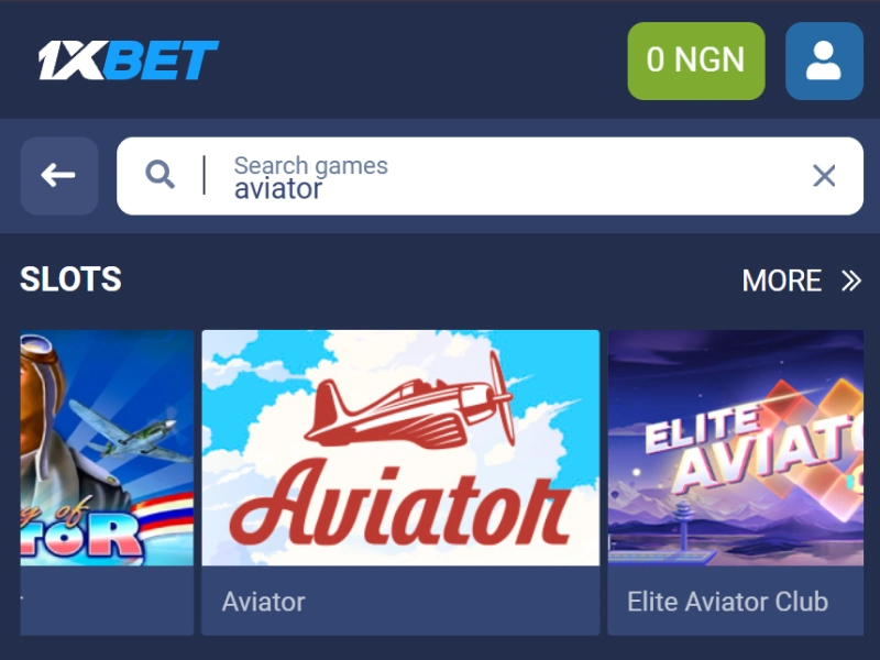 Aviator game tile highlighted inside the 1xBet Nigeria game catalog