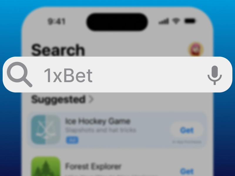 iPhone App Store screenshot with search bar highlighted and ‘1xBet’ typed in
