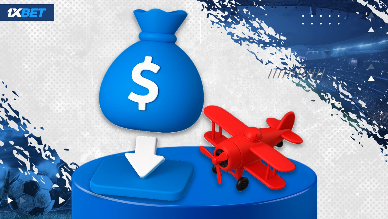 Withdraw Aviator winnings on 1xBet Nigeria with money bag, downward arrow and red plane