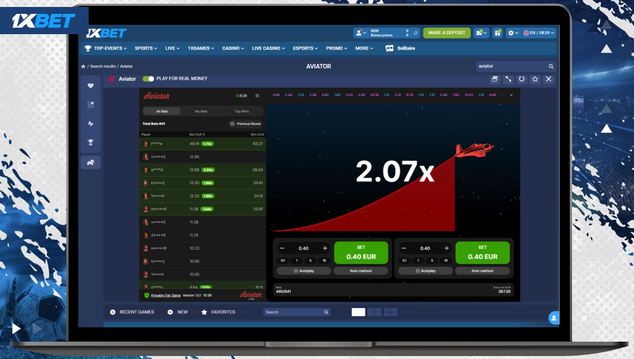 Aviator desktop experience on 1xBet Nigeria with laptop displaying the game interface