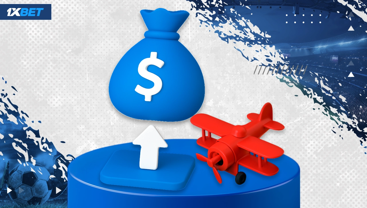 Deposit funds for Aviator on 1xBet Nigeria with money bag, upward arrow and red plane