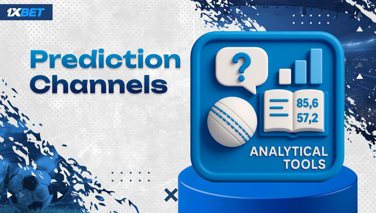 1xBet Nigeria cricket prediction channels with board showing ball, question cloud, book and rising graphs