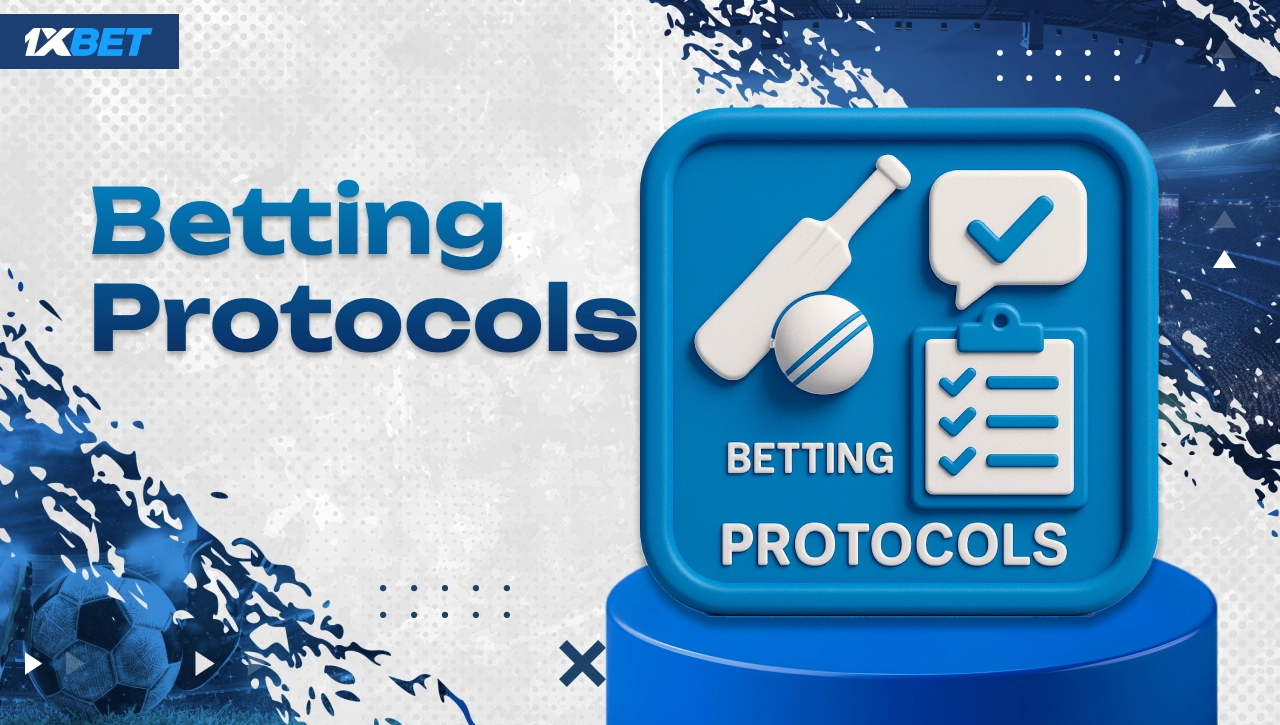 Cricket betting protocols on 1xBet Nigeria with board showing ball, bat, approval cloud and document icon