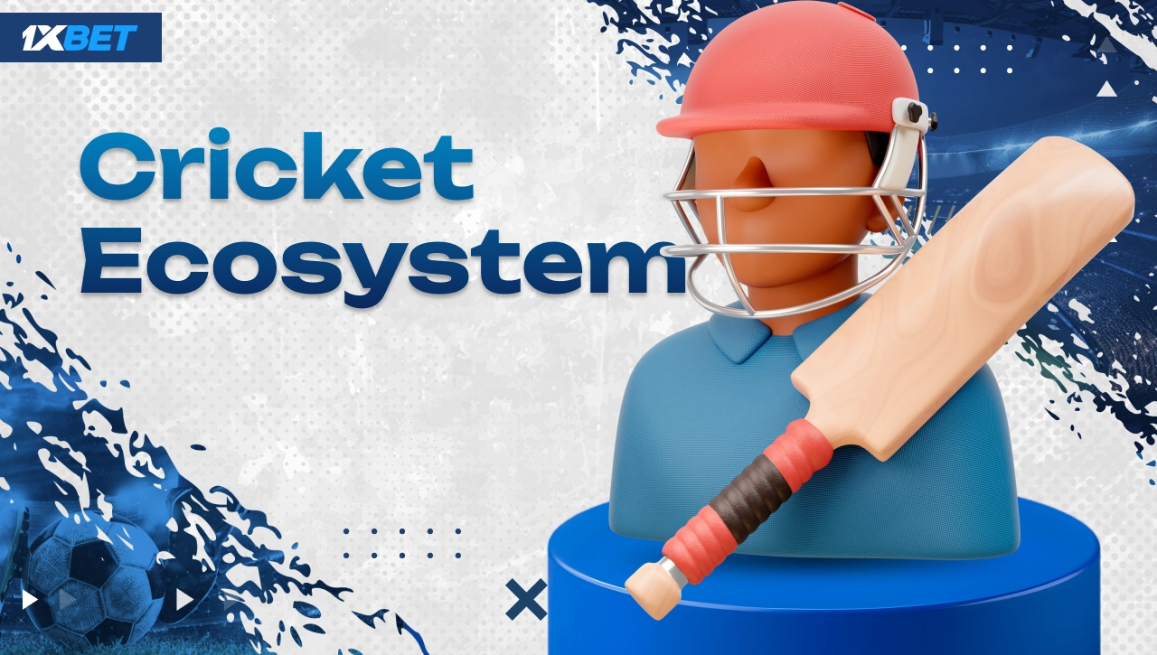 Cricket ecosystem on 1xBet Nigeria with 3D player in protective helmet and cricket bat icon