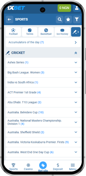 A screenshot of the mobile app with the main page of cricket events
