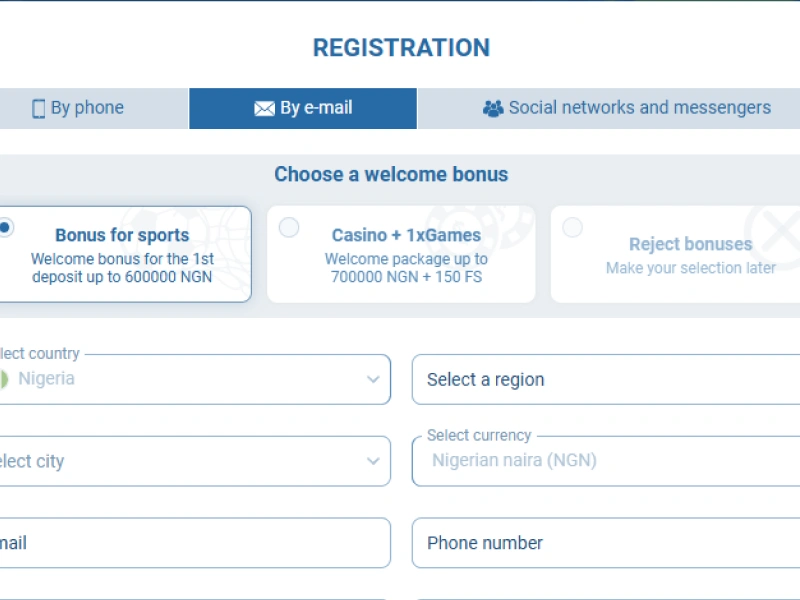 1xBet Nigeria registration page screenshot with sign-up form fields highlighted