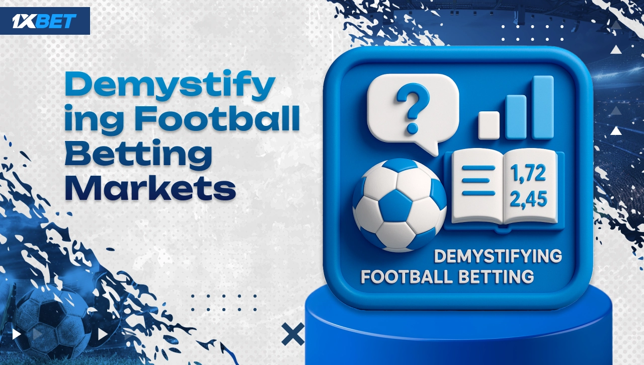 1xBet Nigeria football betting markets explained with chart board, football icon, question cloud and growth graphs